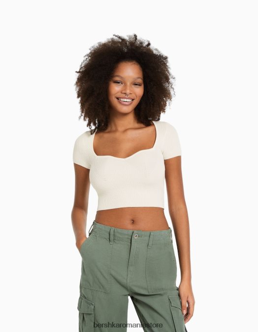 Bershka femei pulover din tricot cu maneca scurta, cu decolteu inima cremă Z86D541 îmbrăcăminte