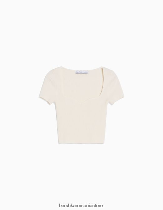 Bershka femei pulover din tricot cu maneca scurta, cu decolteu inima cremă Z86D541 îmbrăcăminte