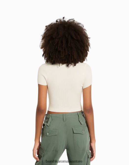 Bershka femei pulover din tricot cu maneca scurta, cu decolteu inima cremă Z86D994 îmbrăcăminte