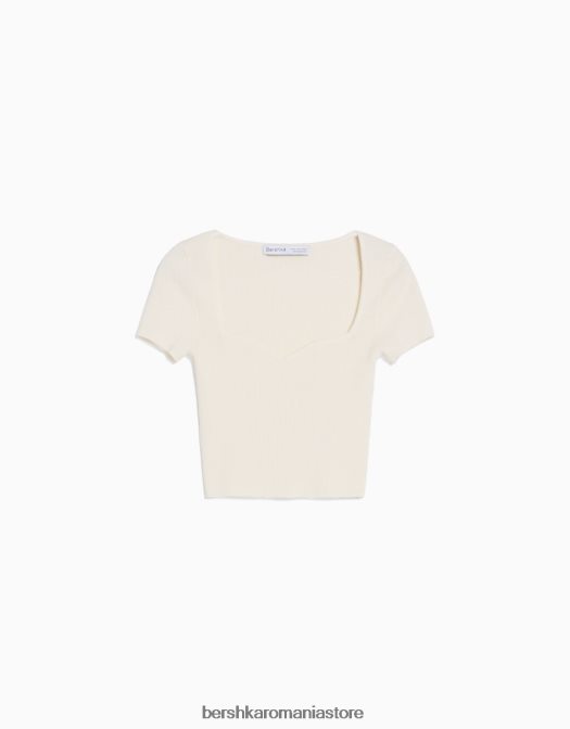 Bershka femei pulover din tricot cu maneca scurta, cu decolteu inima cremă Z86D994 îmbrăcăminte
