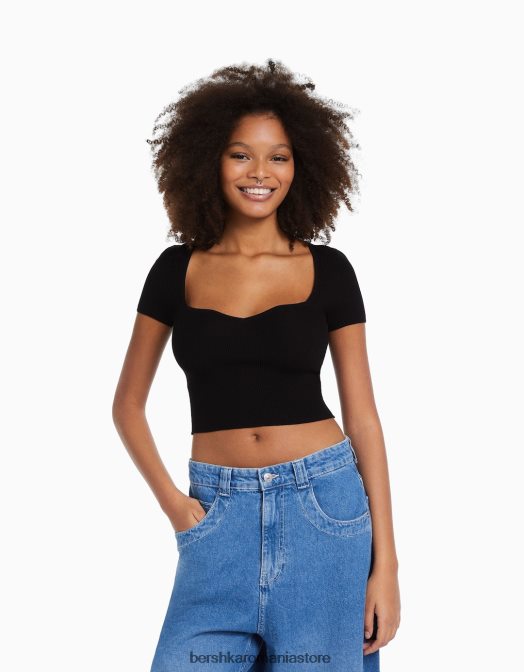 Bershka femei pulover din tricot cu maneca scurta, cu decolteu inima negru Z86D542 îmbrăcăminte