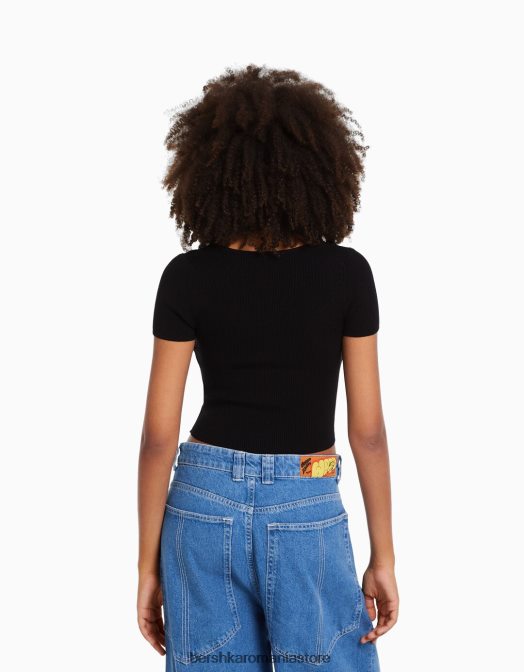 Bershka femei pulover din tricot cu maneca scurta, cu decolteu inima negru Z86D542 îmbrăcăminte