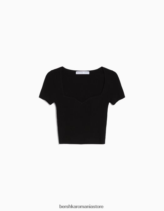 Bershka femei pulover din tricot cu maneca scurta, cu decolteu inima negru Z86D542 îmbrăcăminte
