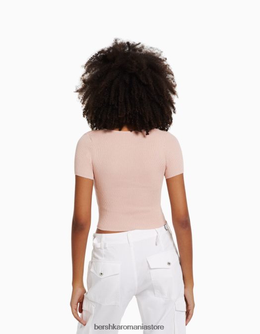 Bershka femei pulover din tricot cu maneca scurta, cu decolteu inima roz Z86D539 îmbrăcăminte