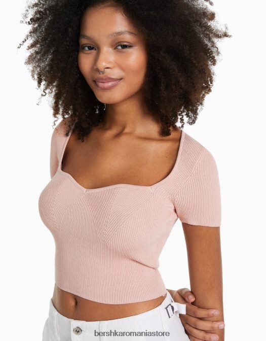 Bershka femei pulover din tricot cu maneca scurta, cu decolteu inima roz Z86D540 îmbrăcăminte
