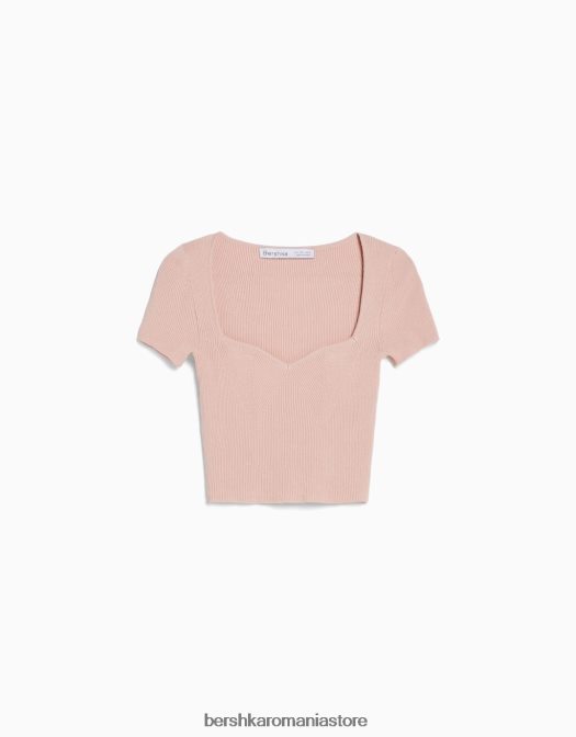 Bershka femei pulover din tricot cu maneca scurta, cu decolteu inima roz Z86D540 îmbrăcăminte