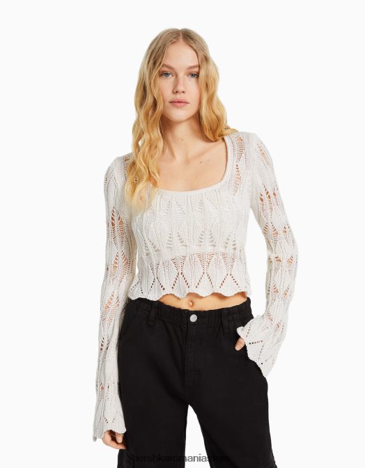 Bershka femei pulover din tricot deschis, cu decolteu pătrat cremă Z86D1046 îmbrăcăminte