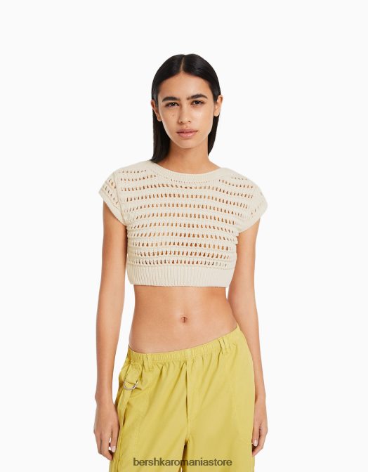 Bershka femei pulover din tricot deschis cu maneca scurta cremă Z86D424 îmbrăcăminte
