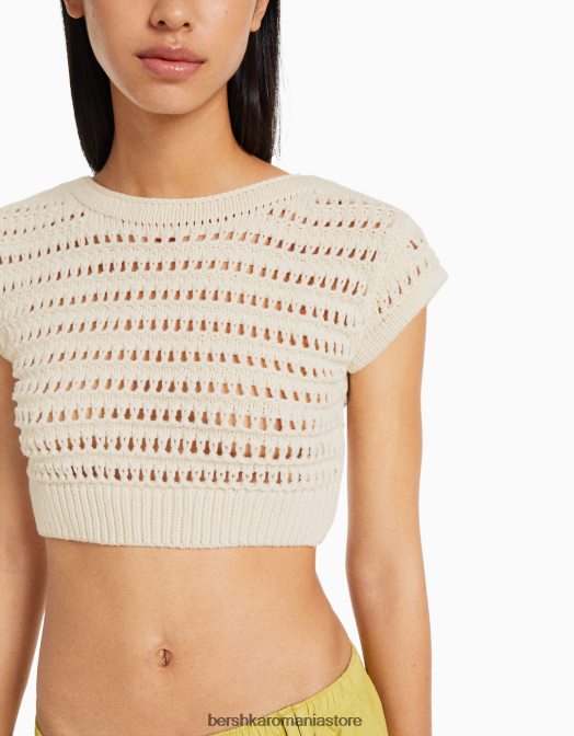 Bershka femei pulover din tricot deschis cu maneca scurta cremă Z86D424 îmbrăcăminte
