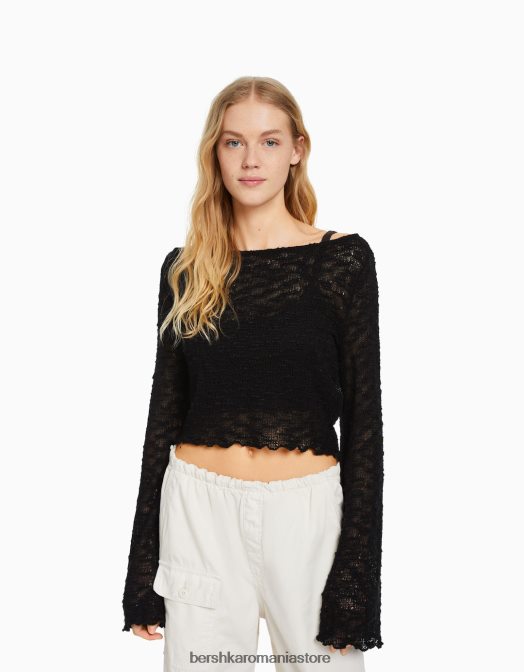 Bershka femei pulover din tricot deschis negru Z86D981 îmbrăcăminte