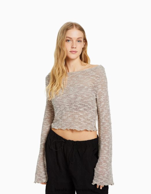 Bershka femei pulover din tricot deschis nisip Z86D982 îmbrăcăminte