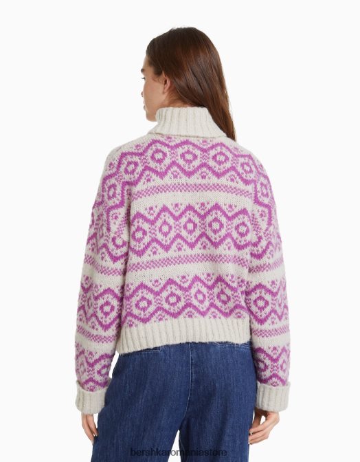 Bershka femei pulover jacquard cu gât înalt roz Z86D1076 îmbrăcăminte