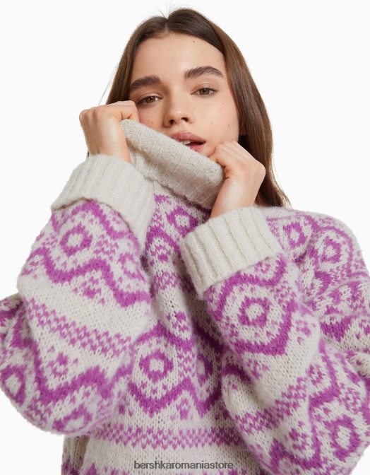 Bershka femei pulover jacquard cu gât înalt roz Z86D1076 îmbrăcăminte