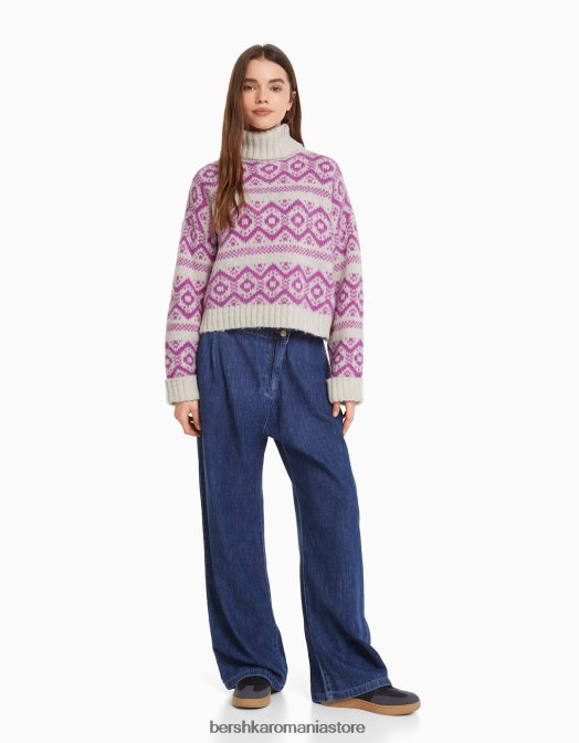 Bershka femei pulover jacquard cu gât înalt roz Z86D1076 îmbrăcăminte