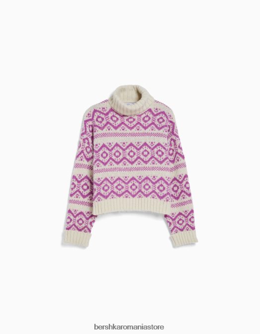 Bershka femei pulover jacquard cu gât înalt roz Z86D1076 îmbrăcăminte