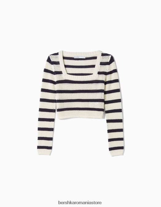 Bershka femei pulover în dungi cu gât pătrat cremă Z86D1082 îmbrăcăminte