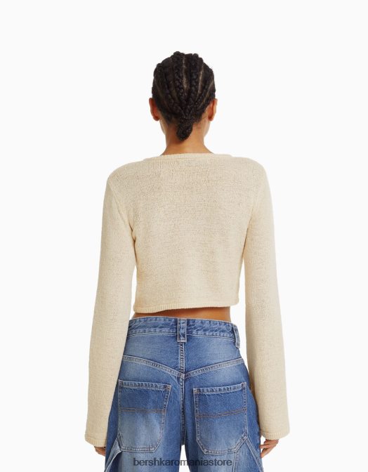 Bershka femei pulover rustic cu decolteu cremă Z86D978 îmbrăcăminte
