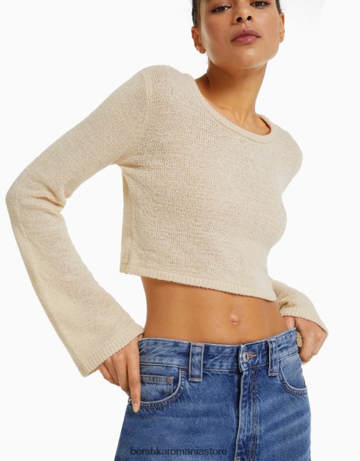 Bershka femei pulover rustic cu decolteu cremă Z86D978 îmbrăcăminte