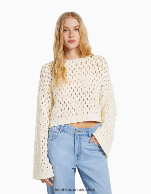Bershka femei pulover rustic din tricot deschis cu gâtul roșu cremă Z86D996 îmbrăcăminte