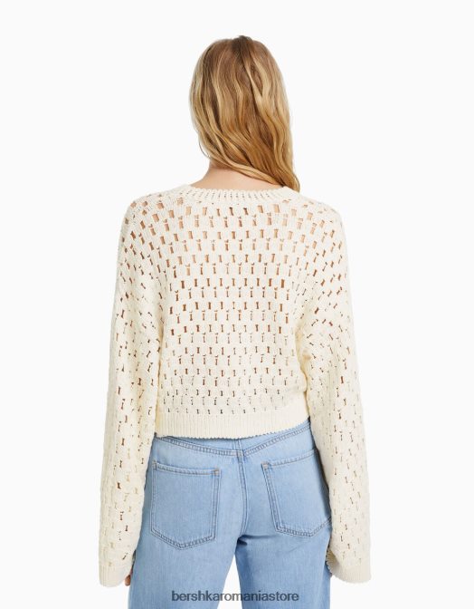 Bershka femei pulover rustic din tricot deschis cu gâtul roșu cremă Z86D996 îmbrăcăminte