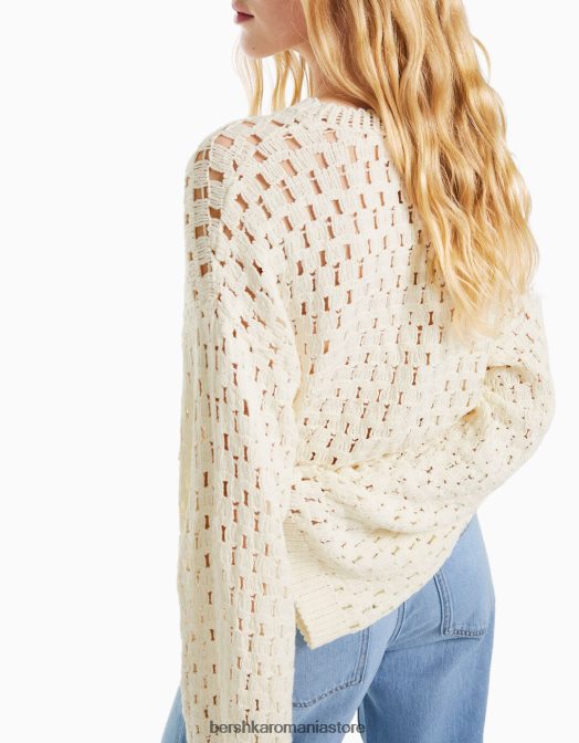 Bershka femei pulover rustic din tricot deschis cu gâtul roșu cremă Z86D996 îmbrăcăminte
