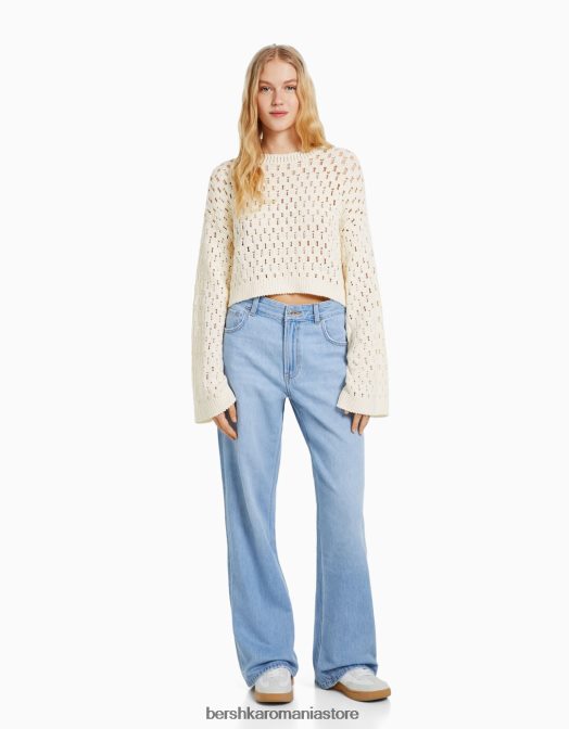 Bershka femei pulover rustic din tricot deschis cu gâtul roșu cremă Z86D996 îmbrăcăminte