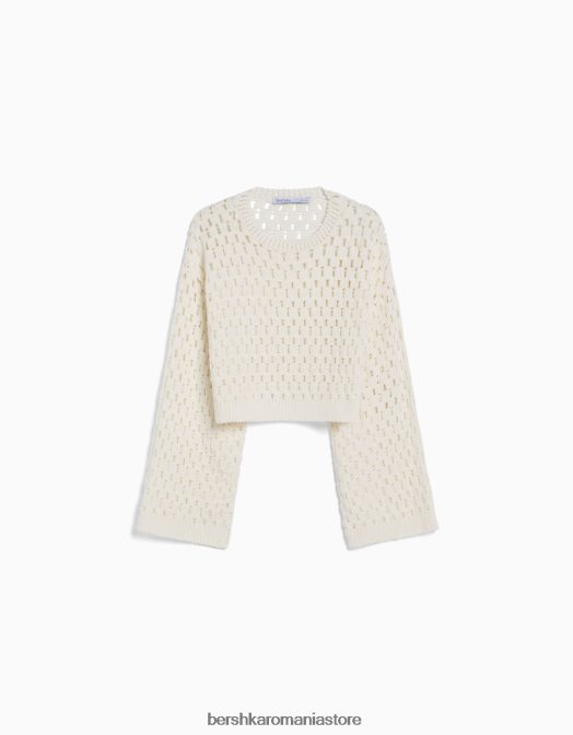 Bershka femei pulover rustic din tricot deschis cu gâtul roșu cremă Z86D996 îmbrăcăminte