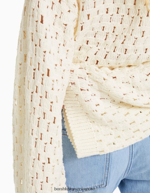 Bershka femei pulover rustic din tricot deschis cu gâtul roșu cremă Z86D996 îmbrăcăminte