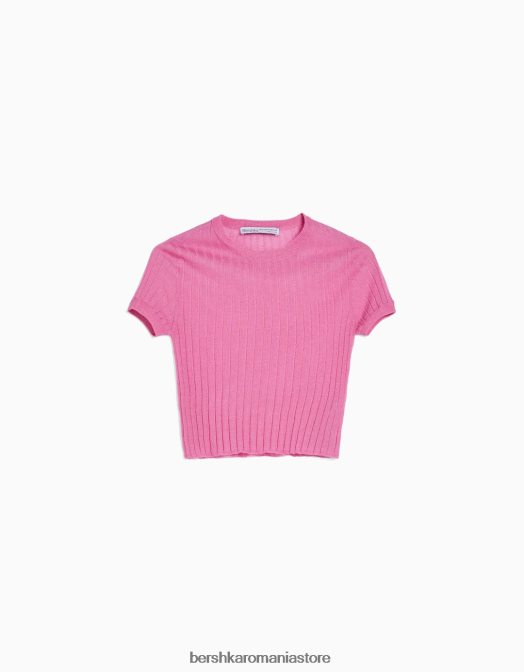 Bershka femei pulover translucid cu mânecă scurtă cu nervuri roz Z86D1901 îmbrăcăminte