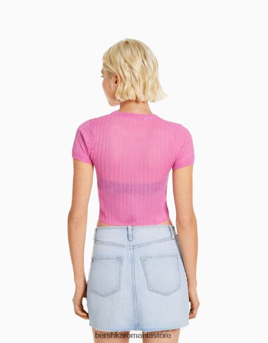 Bershka femei pulover translucid cu mânecă scurtă cu nervuri roz Z86D1902 îmbrăcăminte