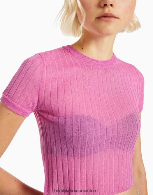 Bershka femei pulover translucid cu mânecă scurtă cu nervuri roz Z86D1902 îmbrăcăminte