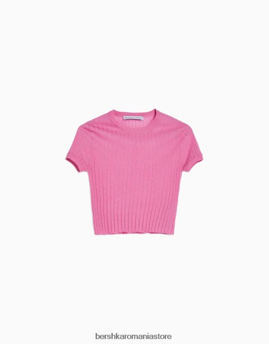 Bershka femei pulover translucid cu mânecă scurtă cu nervuri roz Z86D1902 îmbrăcăminte