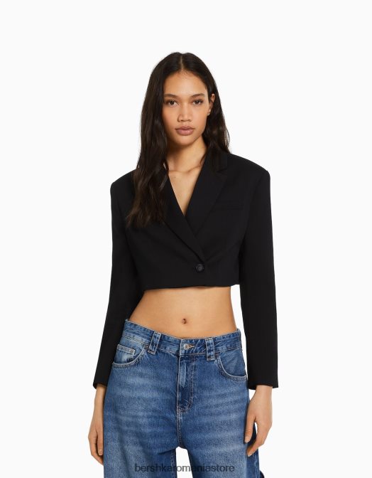 Bershka femei blazer croit croit din twill negru Z86D1184 îmbrăcăminte