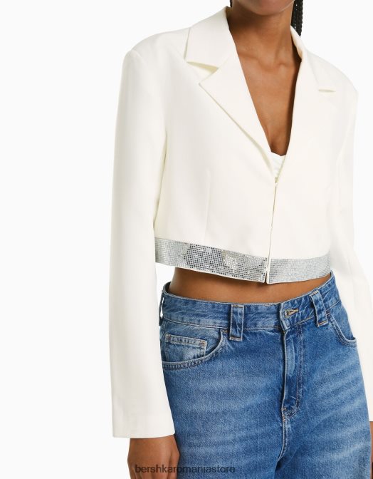Bershka femei blazer cu detaliu bijuterie alb Z86D1200 îmbrăcăminte