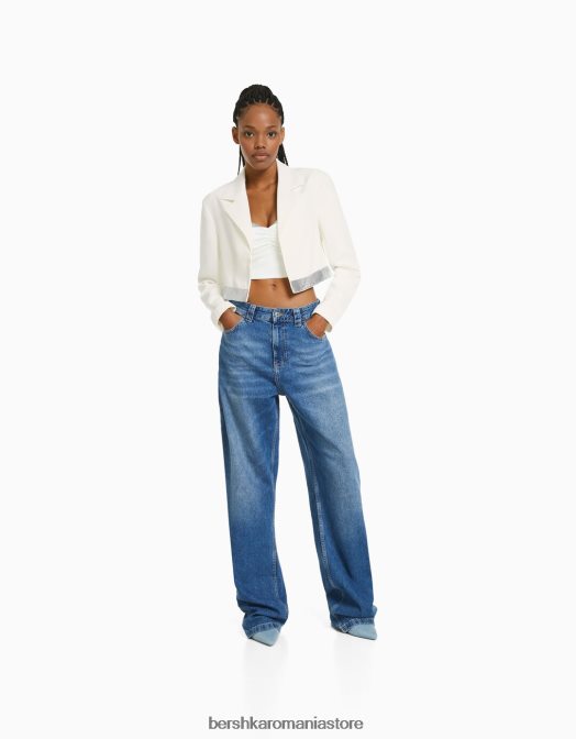 Bershka femei blazer cu detaliu bijuterie alb Z86D1200 îmbrăcăminte