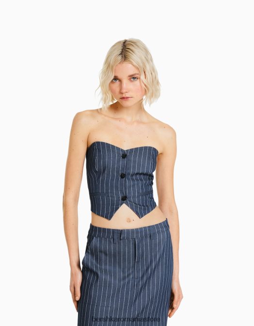 Bershka femei vestă croită cu dungi cu umeri expuși albastru inchis Z86D1188 îmbrăcăminte