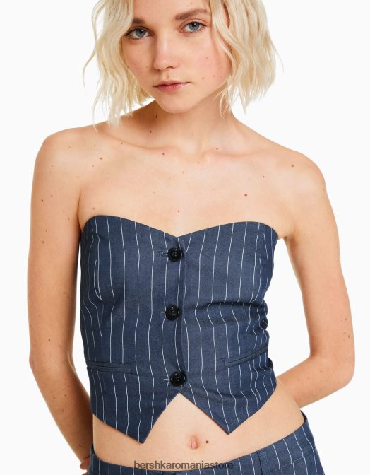 Bershka femei vestă croită cu dungi cu umeri expuși albastru inchis Z86D1188 îmbrăcăminte