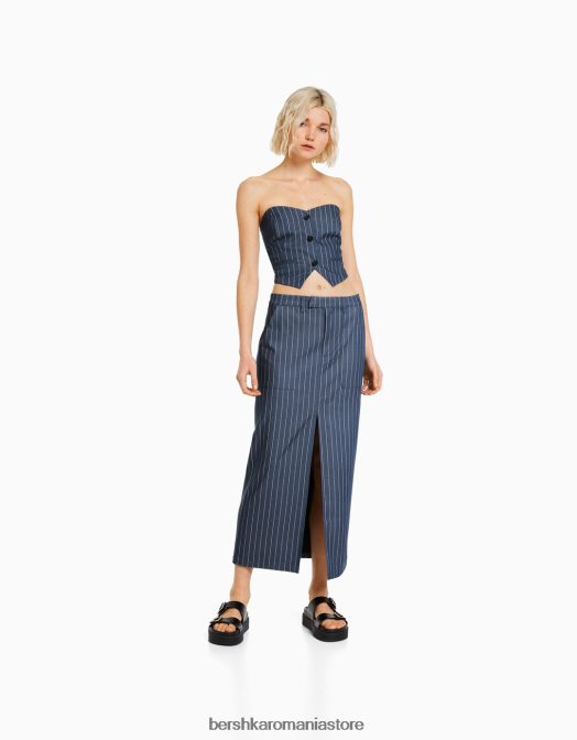 Bershka femei vestă croită cu dungi cu umeri expuși albastru inchis Z86D1188 îmbrăcăminte