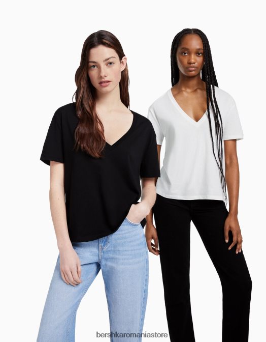 Bershka femei Pachet de 2 tricouri cu mânecă scurtă, cu decolteu în V, cu potrivire normală multicolor Z86D635 îmbrăcăminte