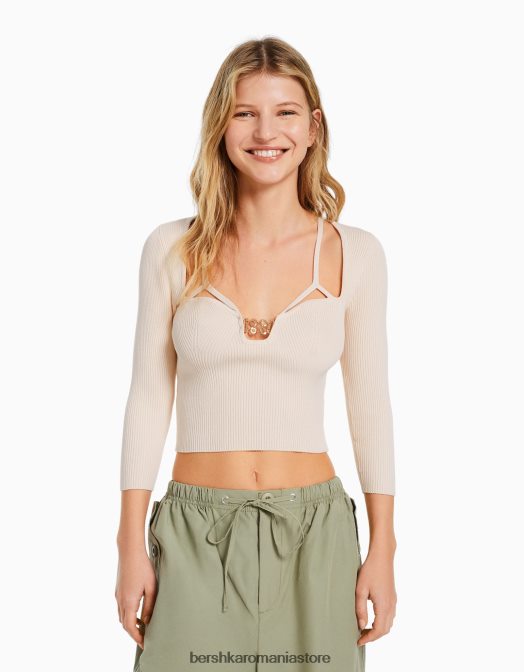 Bershka femei Top din tricot cu decolteu cu detaliu de margele alte Z86D500 îmbrăcăminte