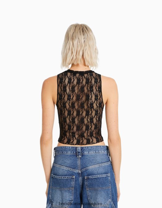Bershka femei cămașă din dantelă fără mâneci negru Z86D397 îmbrăcăminte