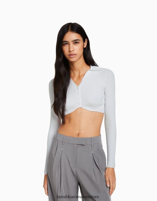 Bershka femei cardigan decupat cu guler polo cu nasturi alb Z86D562 îmbrăcăminte