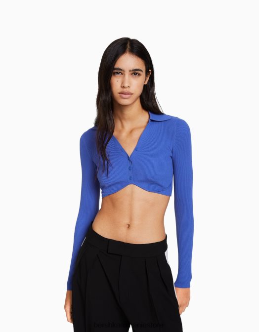 Bershka femei cardigan decupat cu guler polo cu nasturi albastru inchis Z86D563 îmbrăcăminte