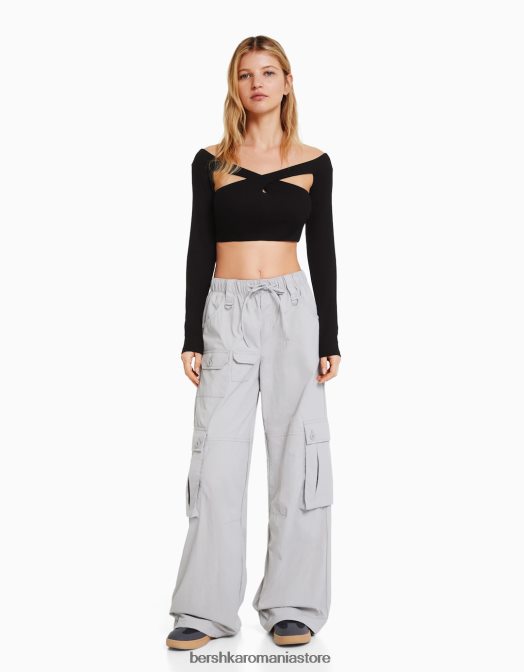 Bershka femei crop top cu mâneci lungi și decolteu încrucișat negru Z86D417 îmbrăcăminte
