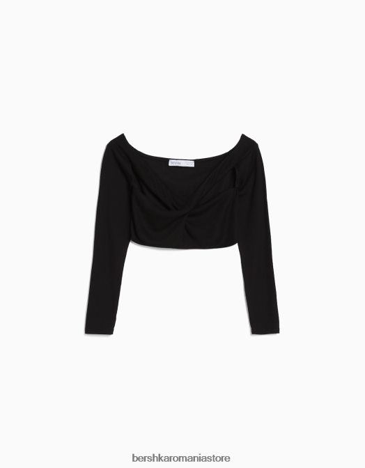 Bershka femei crop top cu mâneci lungi și decolteu încrucișat negru Z86D417 îmbrăcăminte