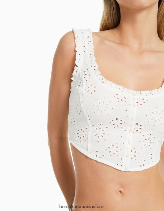 Bershka femei crop top în stil corset brodat elvețian alb Z86D516 îmbrăcăminte