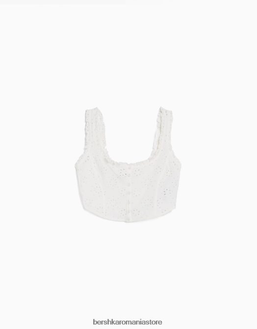 Bershka femei crop top în stil corset brodat elvețian alb Z86D516 îmbrăcăminte