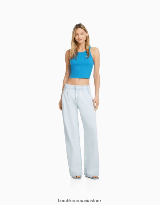 Bershka femei maiou cu nervuri albastru Z86D421 îmbrăcăminte