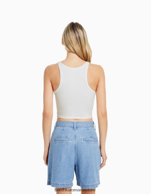 Bershka femei maiou cu nervuri aproape alb Z86D332 îmbrăcăminte