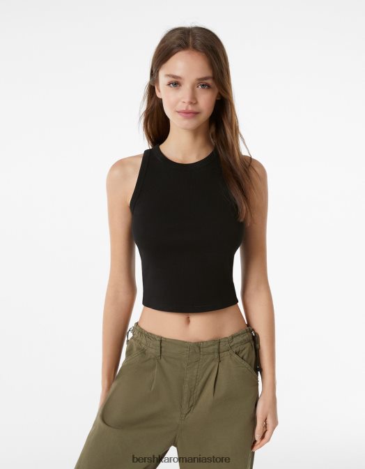 Bershka femei maiou cu nervuri negru Z86D607 îmbrăcăminte